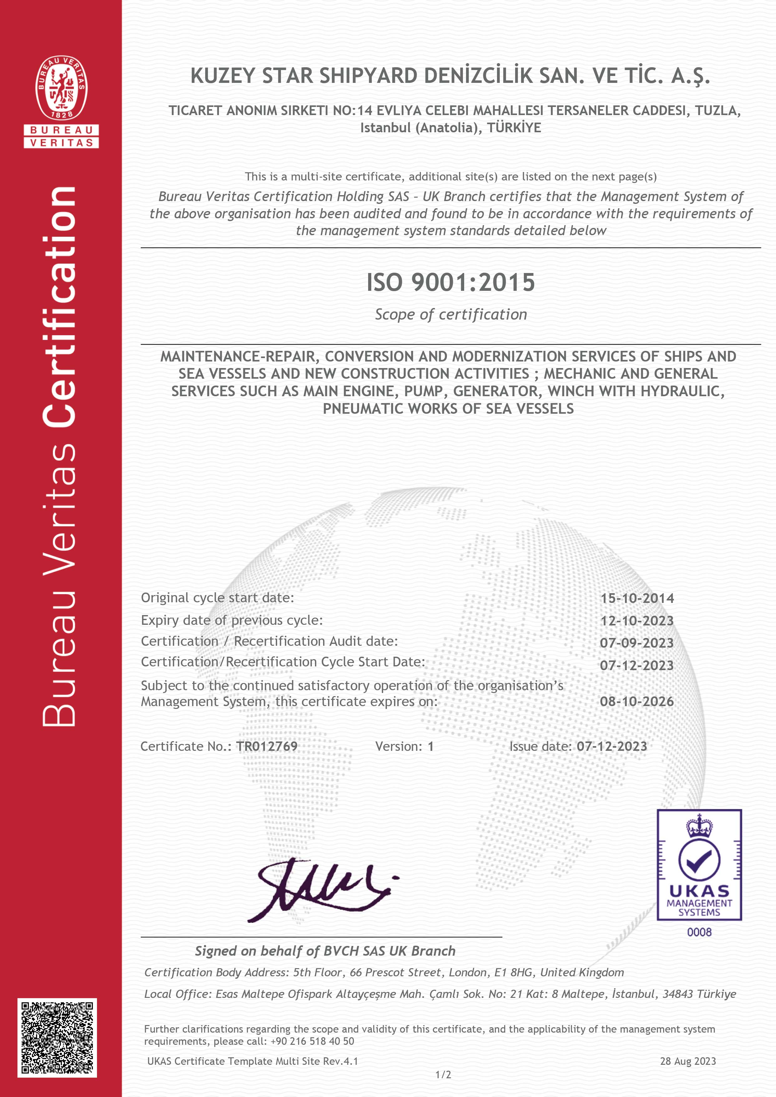 ISO 9001 Kalite Yönetim Sistemi Sertifikası